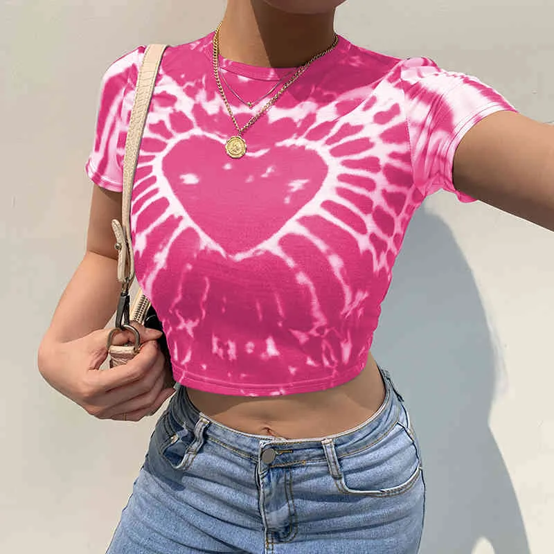 Rosa Dolce Cuore Stampato Y2k Femme T-Shirt da Donna Abbigliamento Estate Tie Dye Crop Top Harajuku Manica Corta Tee Shirt Paisle 210415