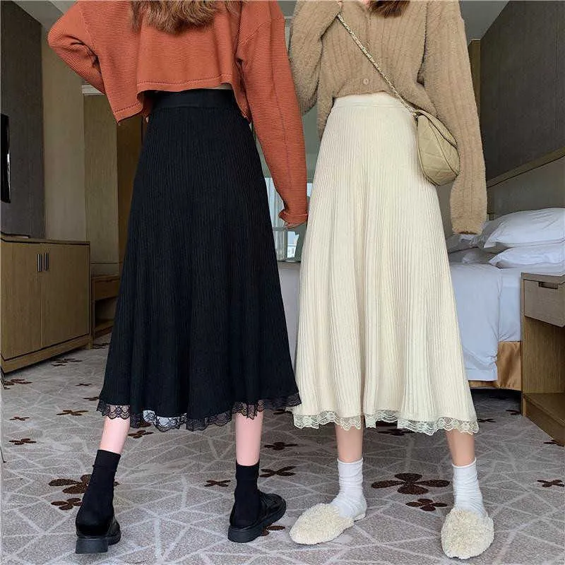 Women Winter A-Line Sweater Thick Long Skirt Female Autumn Black Pleated Koreany High Waist Elegant Lace Stitching 210708