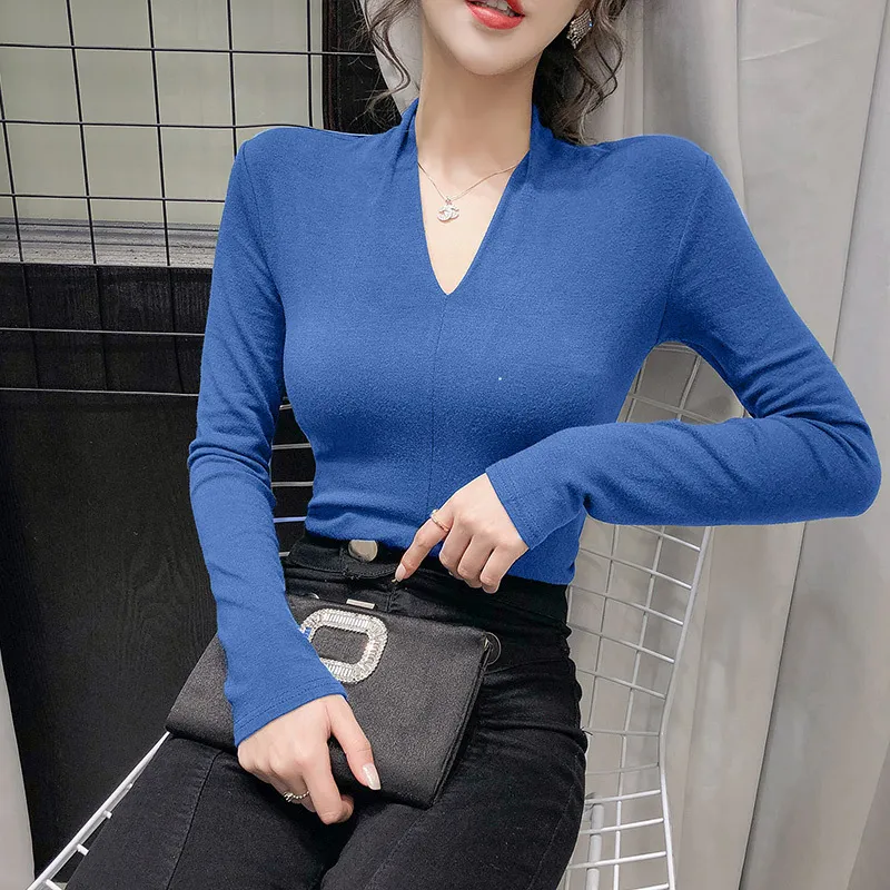 Women's Spring Autumn Tops European Style Solid Color V-neck Long-sleeved Tight-fitting Slimming Bottoming GX225 210507