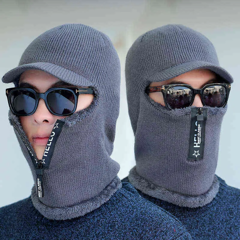 Wintermütze Herren Gestrickte Beanie Caps Pelz Gefüttert Warme Krempe Winter Hüte Für Männer Halten Gesicht Ohr Warme Balaclava Cap Skullies Y21111