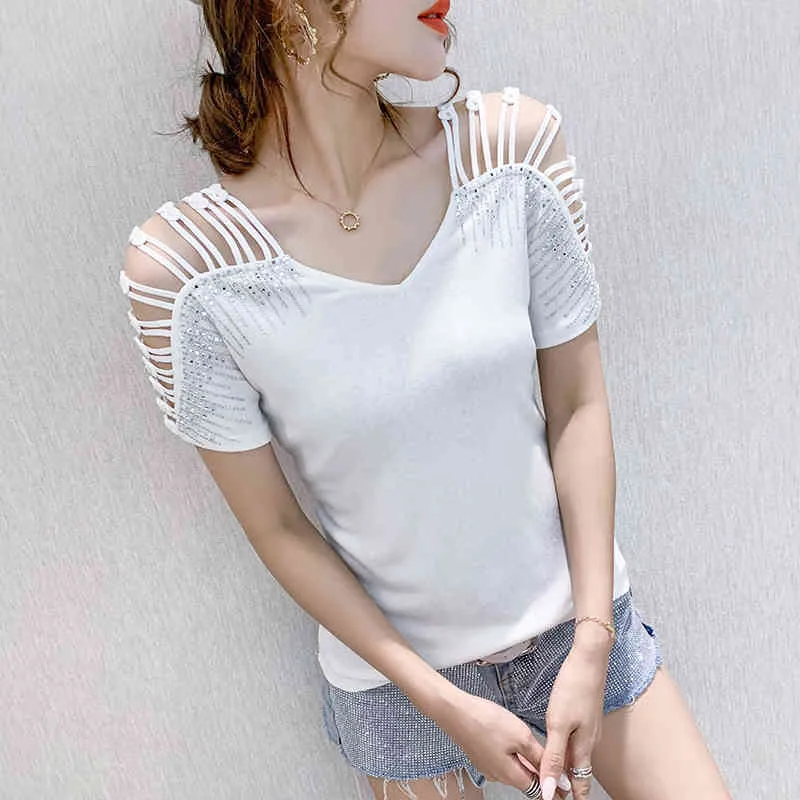Dames Zomer T-shirt Strapless Half-mouwen Koreaanse Sexy Diamant Mode Korte Mouwen Wilde Tees Vrouwelijke Tops PL005 210506