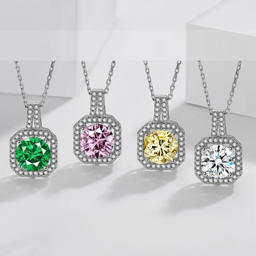 100% 925 pendentifs collier en argent pour femmes 2ct 8mm blanc/jaune/rose/vert CZ Zircon luxe Pierscionki bijoux chaîne colliers XDZ095