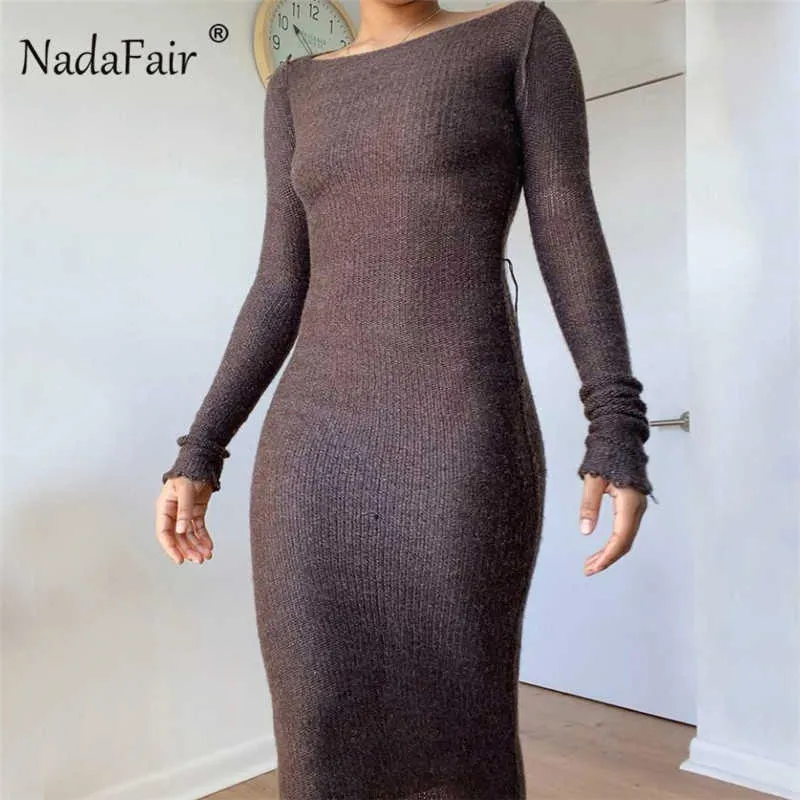 Nadafair outono manga longa tricotada camisola vestido marrom bodycon sexy lápis vestidos clube outfit bainha casual inverno maxi vestido y1006