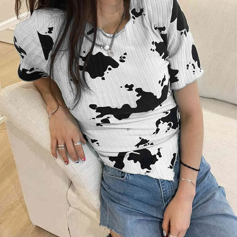Ribbed mjölkko tryckt oregelbundet Hem Y2K Crop Top Sommar Mode Kvinnors T-shirt för tjejer Tie Dye Kortärmad Tee Shirt 210510