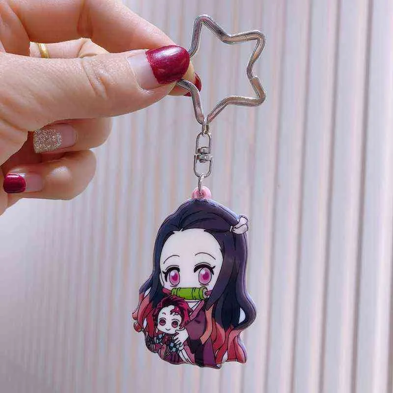 10 개/대 Anime Demon Slayer Keychain Womens Tanjirou Kamado Nezuko Tomioka Giyuu Kimetsu No Yaiba 아크릴 열쇠 고리 무작위 H1126