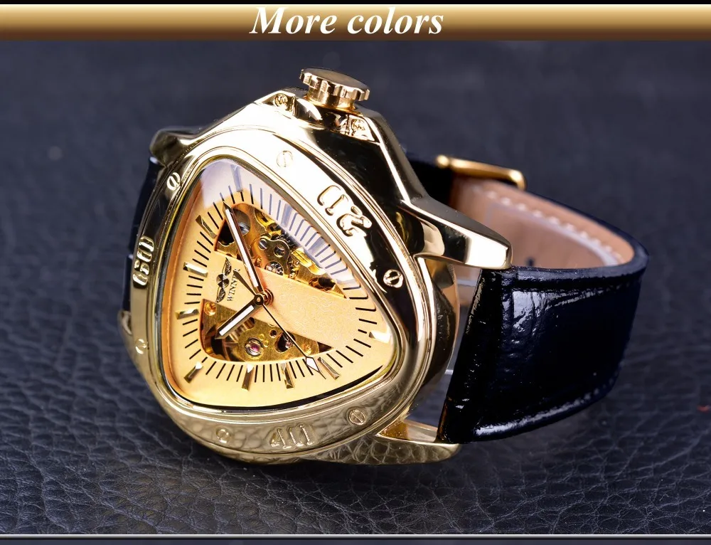 Gewinner Steampunk Mode Dreieck Goldene Skelett Bewegung Mysterious Männer Automatische Mechanische Armbanduhren Top Marke Luxus