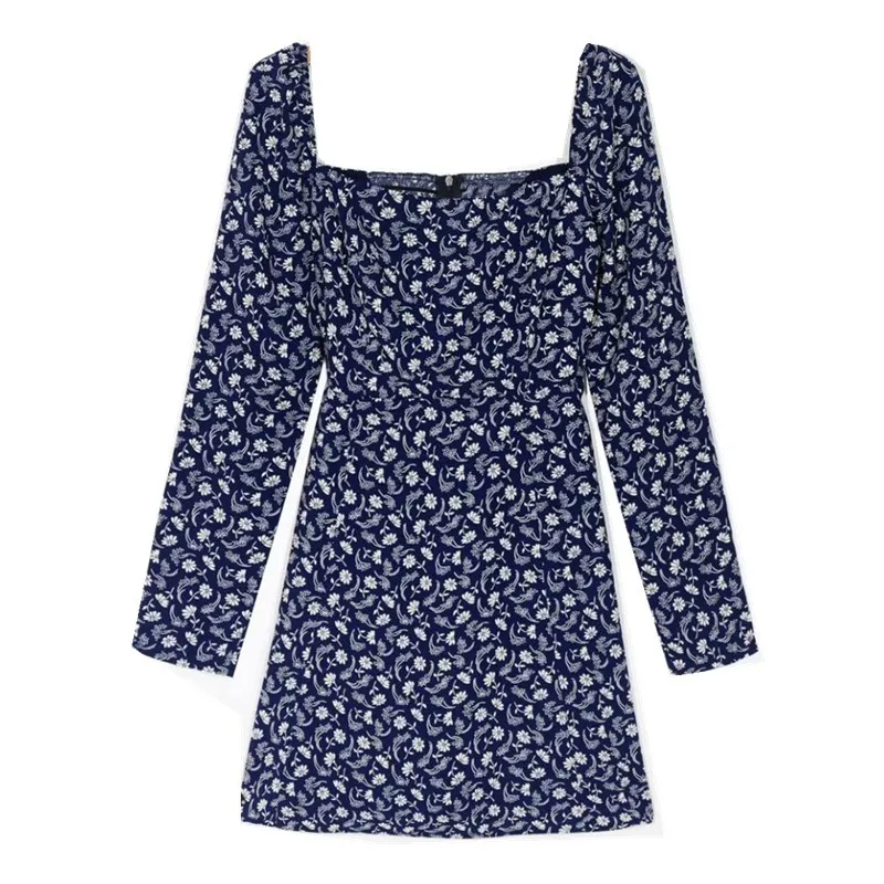 Mini abito a maniche lunghe con stampa floreale blu navy retrò Donna Vintage colletto quadrato francese dietro elastico abiti increspati le vacanze 210429