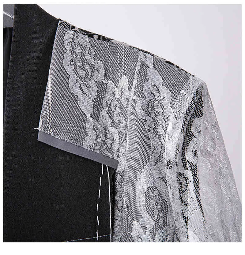 [EAM] Women Black Short Lace Embroidery Big Size Blazer Lapel Long Sleeve Loose Jacket Fashion Spring Autumn 1DD7695 21512