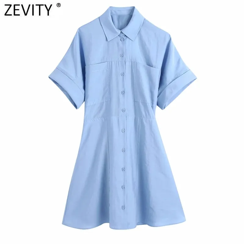 Zeefity vrouwen mode zak patch effen kleur casual slanke shirt jurk kantoor dame elastische taille breasted business vestido ds8324 210419