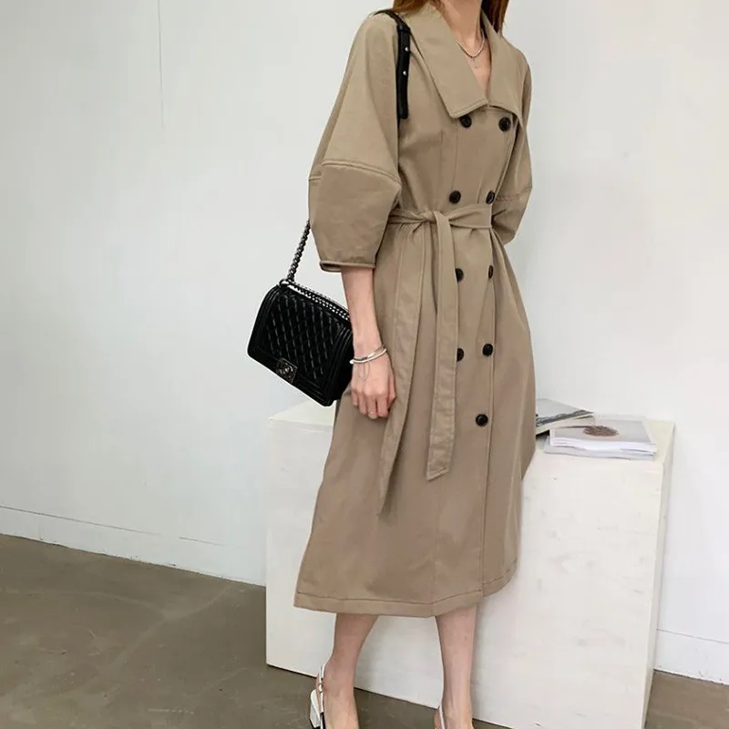 Spring Autumn Women's Jacket French Retro Pure Color Lapel Puff Sleeve Trench Coat Double Breasted Slim Thin Coats LL810 210506