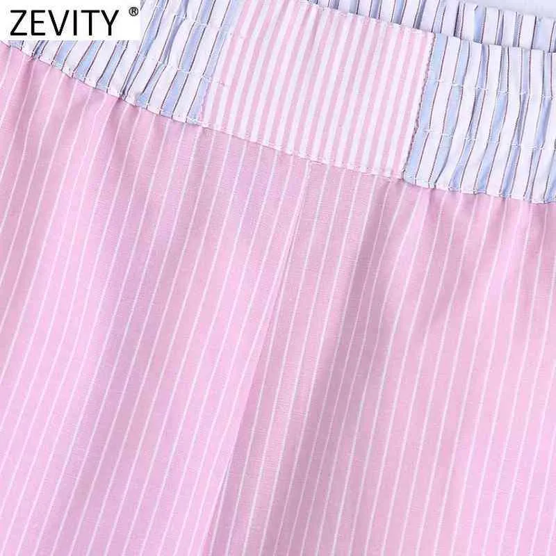 Kvinnor Mode Patchwork Striped Print Casual Summer Shorts Ladies Chic Elastisk Midja Rosa Färg Pantalone Cortos P1029 210420