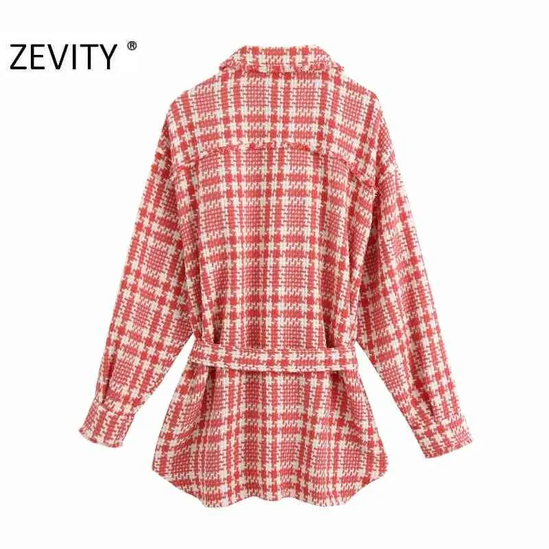 women vintage bow tied sashes tweed woolen shirt coat female long sleeve outwear casual chic plaid jacket tops CT591 210420