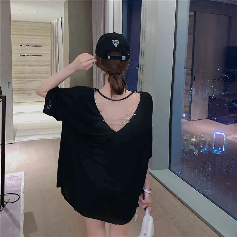 韓国のセクシーな大きな背中のないクロスダイヤモンドチェーン半袖Tシャツ夏のファッショントップカジュアルセール210520