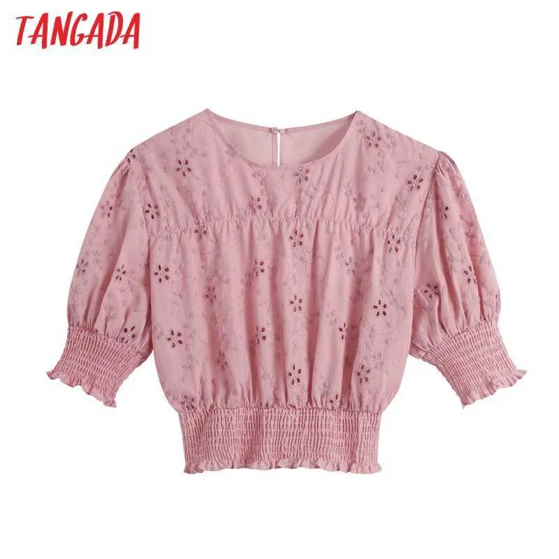 Tangada Frauen Sommer Rosa Aushöhlen Stickerei Geerntete Blusen Vintage Kurzarm Weibliche Tunika Shirts Chic Tops BE626 210609