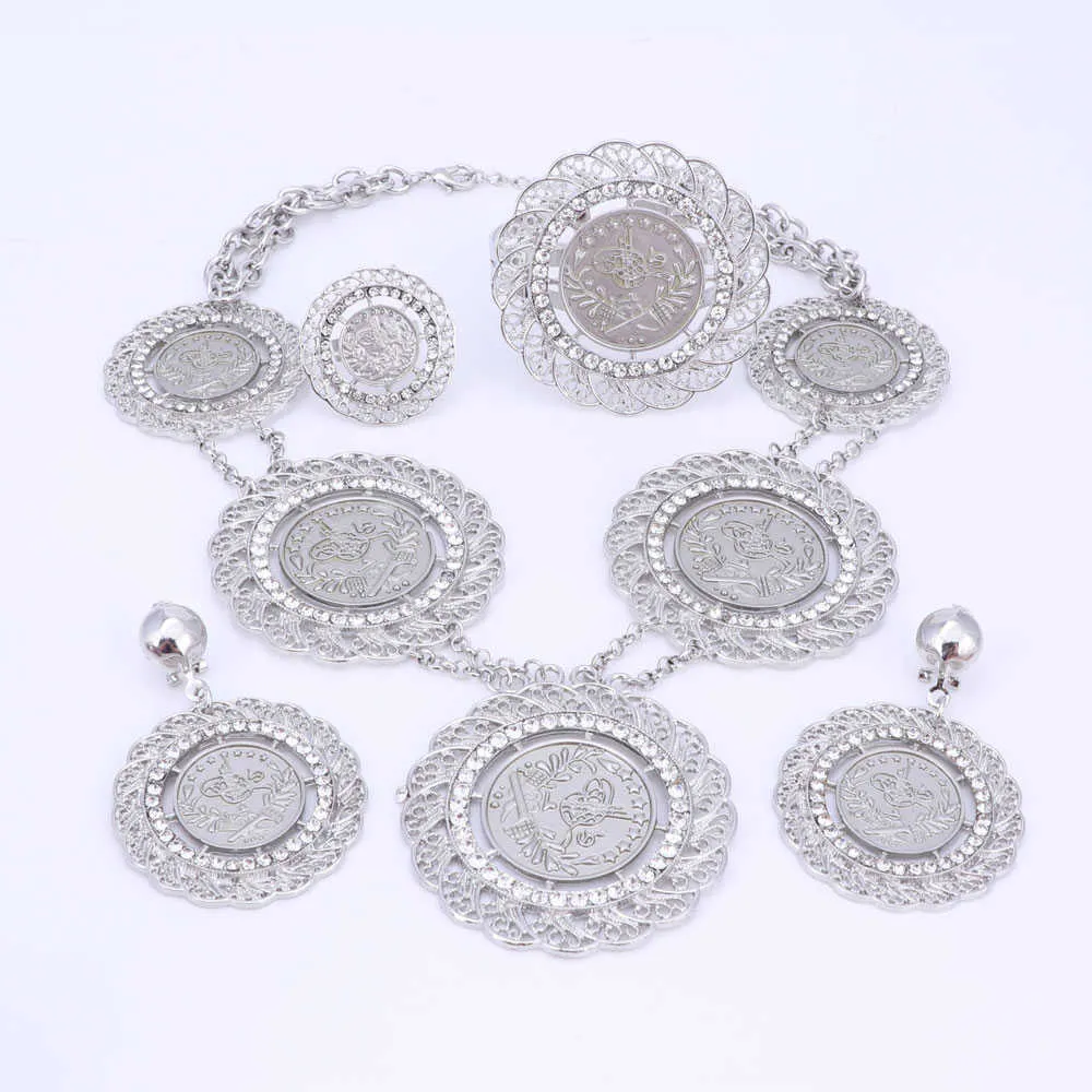 Afrika Nigeria Dubai Bröllop Mode Smycken Satser Silver Plated Halsband Örhängen Armband Ring Charmiga Kvinnor Party Smycken Set H1022