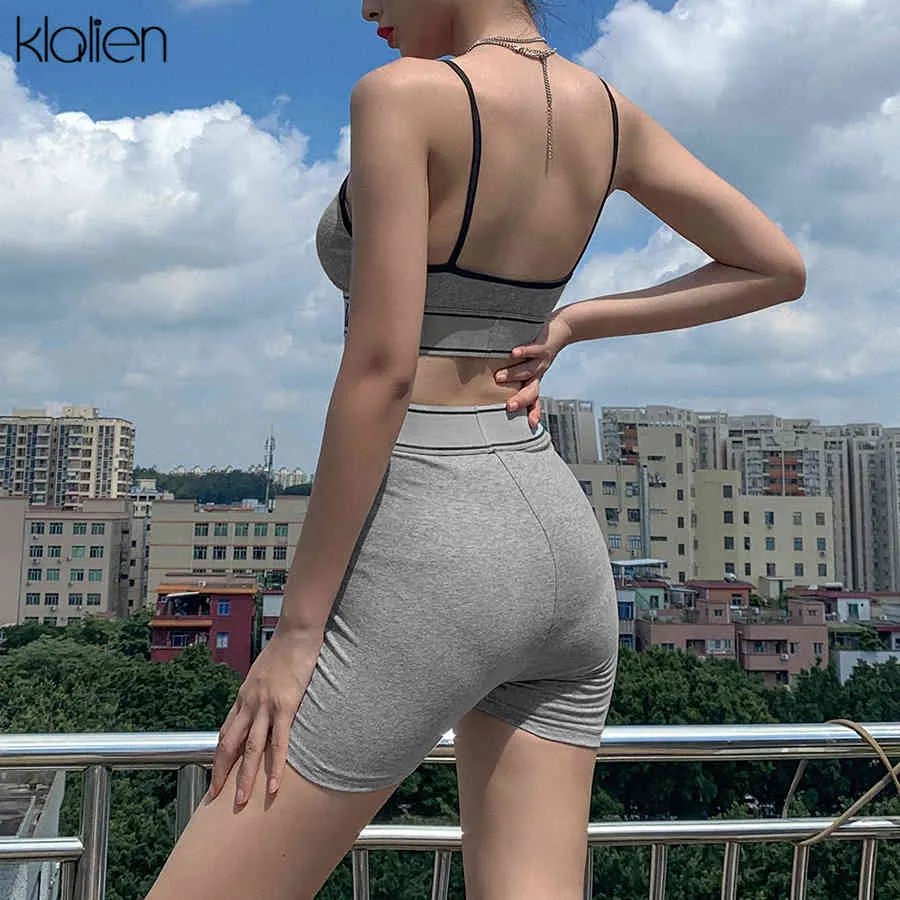 KLALIEN sexy v neck crop top and shorts set women print letter tracksuit fitness outfit slim soft cotton biker short set X0428