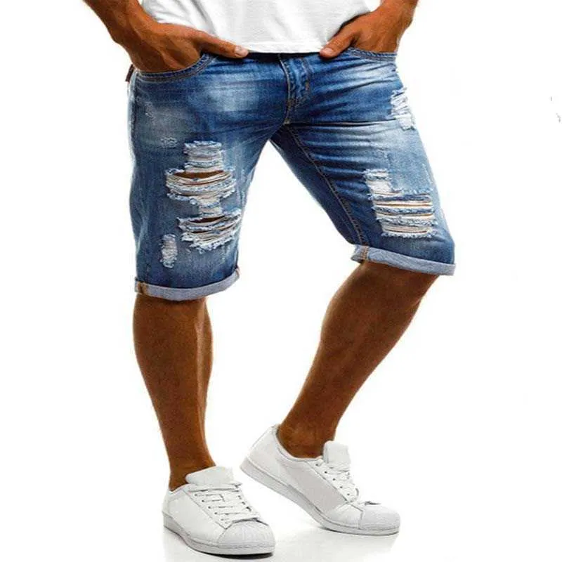 Mens shorts denim rippad kort jeans hip hop stil ljus jean hål dragkedja fluga smal passform byxor casual man kläder 210716