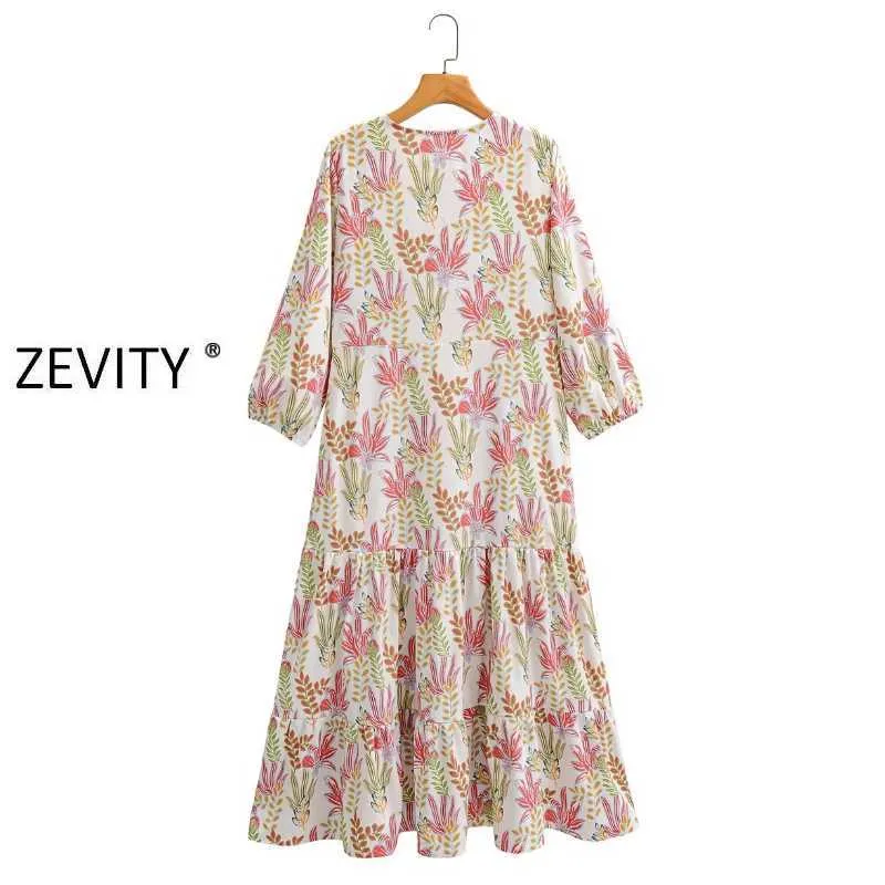 Zevity mujeres vintage o cuello encaje hasta estampado casual vestido suelto chic femenino tres cuartos manga vestidos vestidos de fiesta DS4164 210603
