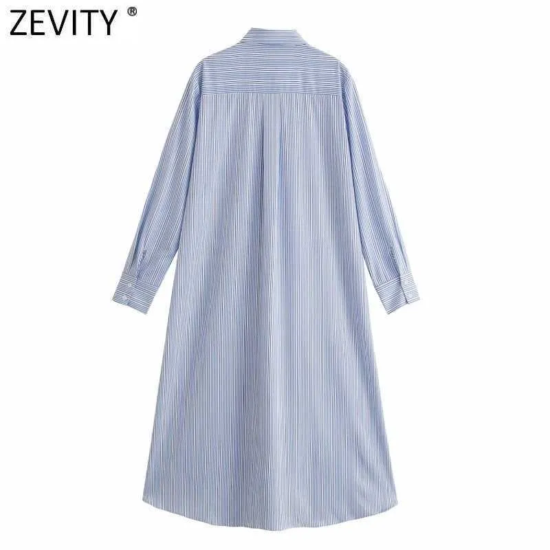 Zevidade mulheres moda manga longa listrado lateral lateral split camisa casual vestido escritório senhoras chique breasted business vestido ds8228 210603