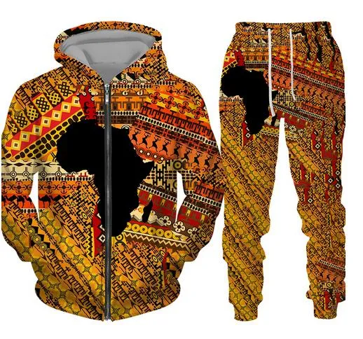 Vente en gros - 2022 Nouvelle mode Dashiki Casual 3D Zipper Sweat à capuche / Survêtement pour hommes 2 pièces Ensemble Sportwear Hommes Vêtements Costume @ 02