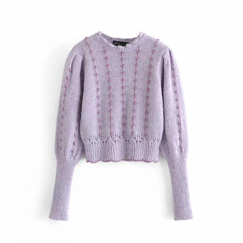 Za hiver fil métallique tricot pull femmes à manches longues col haut Vintage violet chandails femme Streetwear mince pull 210602