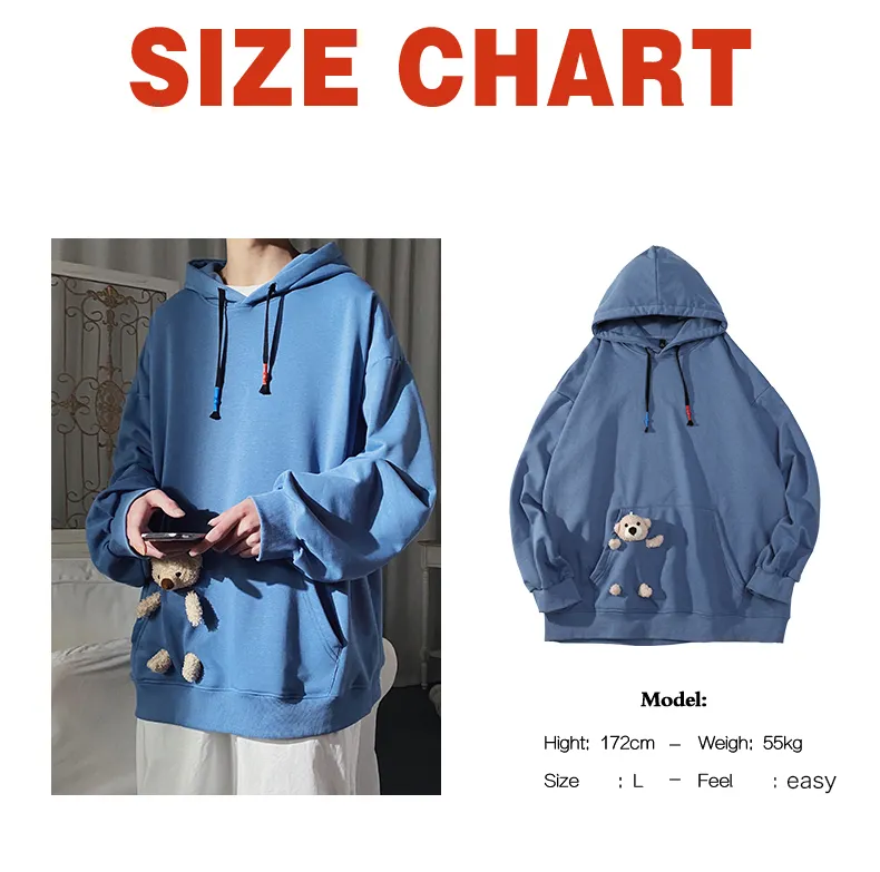 Autum Korean Style Hoodies Men Women Vintage Solid Oversized Hooded Sweatshirts Fashion Hoodies With Cute Little Bear