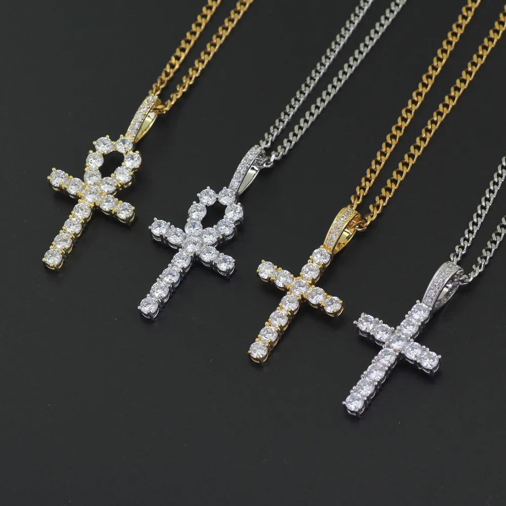 Collier pendentif glacé pour hommes, en or, Hip Hop, croix Anka, bijoux avec chaîne à maillons cubains de 3mm, 324r
