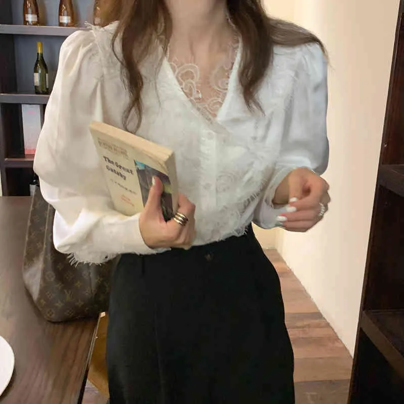 Chegada elegante tops mulheres camisa lace sólido francês lanterna manga v-pescoço estilo coreano solto blusa blusas 210525