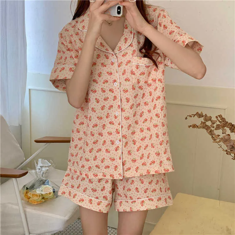 Koreanische Baumwolle stilvolle süße Nachtwäsche minimalistische florale kurze weiche sommer femme chic komfortable pyjamas sets 210525
