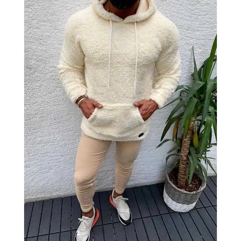 Winter Hooded Sherpa Sweater Big Pocket Teddy Fleece Fluffy Pullovers Heren Plus Size Warm Fleece Tops StreetwearP0805