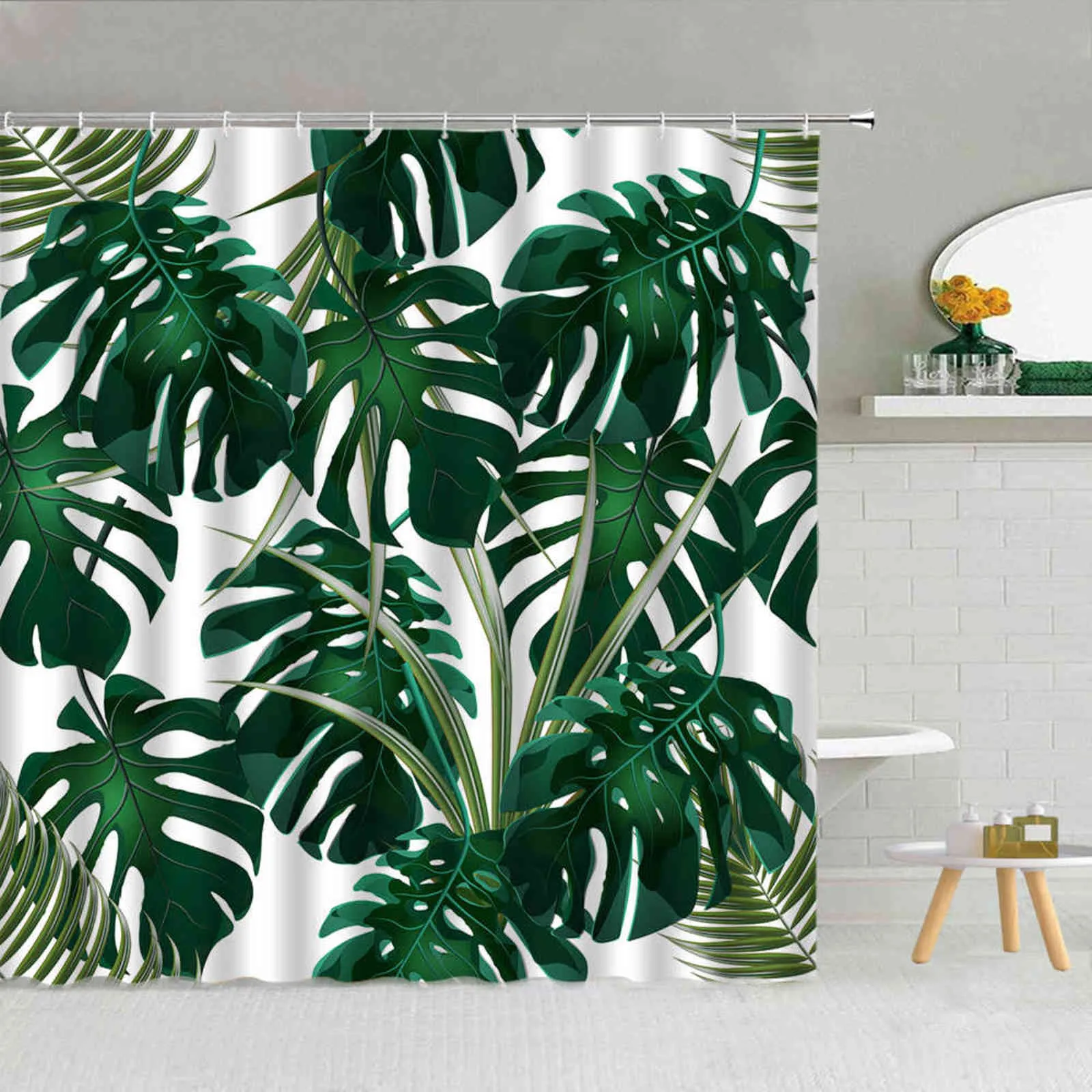 Green Tropical Plant Monstera Palm Leaf Shower Curtain Spring Plant Theme Fashion Waterproof Fabric Home Bathroom Decor Curtains 211116