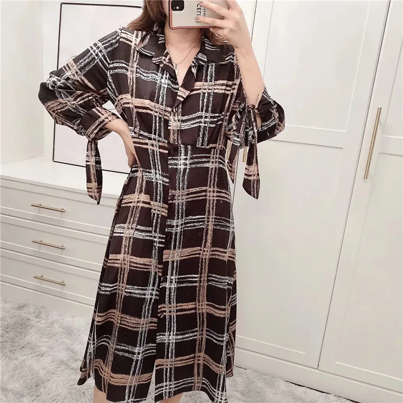 Black Plaid Shirt Long Dress Women Autumn Bow Tied Puff Sleeve Midi Woman Vintage Button Casual es 210519