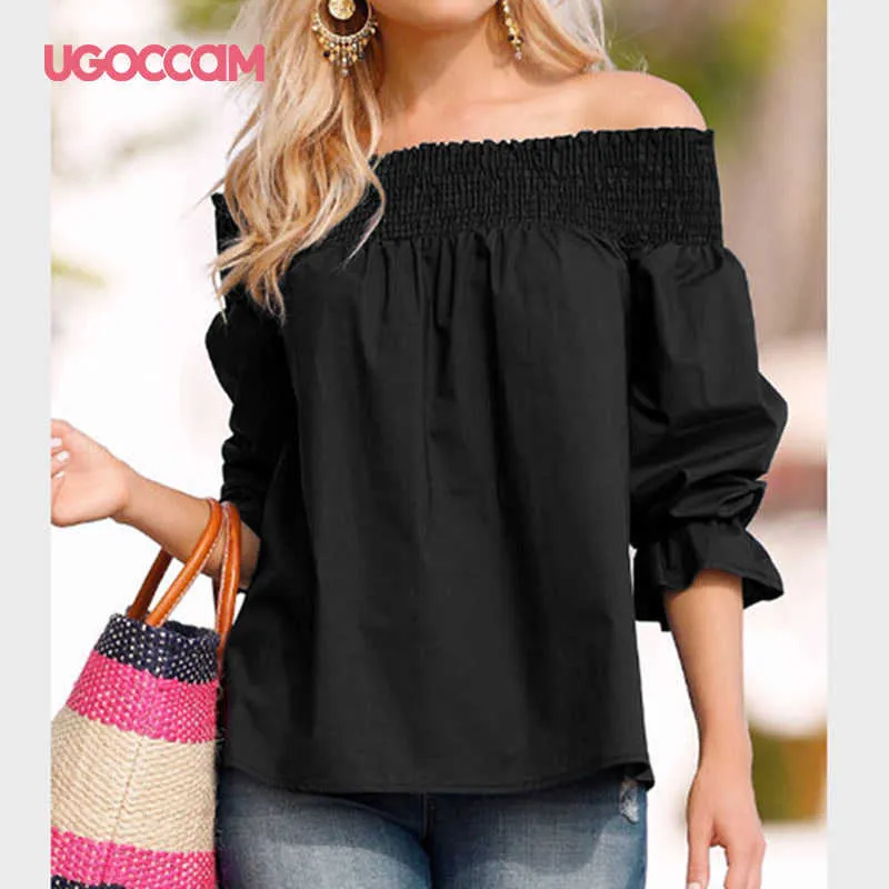 UGOCCAM Frauen Weg Schulter T-shirt Laterne Hülse Rüschen Sexy Sommer Weiß Casual Plus Größe Top blusas de mujer 210623