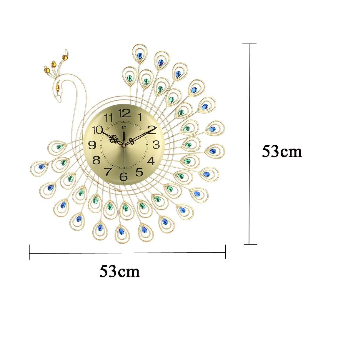 Grande orologio da parete in oro 3D con diamanti e pavone, orologio in metallo la decorazione della casa, soggiorno, orologi fai da te, ornamenti 53x53 cm 2104019023139