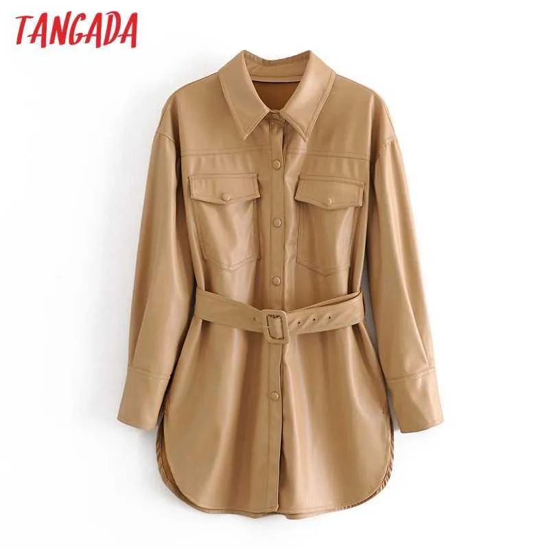 Tangada femmes kaki veste en simili cuir manteau col rabattu dames à manches longues manteau ample avec slash QN70 210609