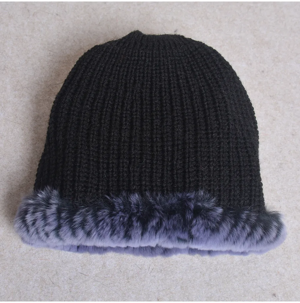 Cappello invernale da donna lavorato a maglia in vera pelliccia di coniglio Rex naturale, berretto caldo femminile