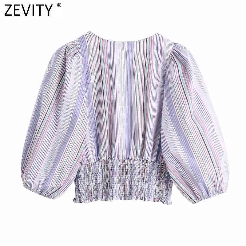 Frauen Vintage Kreuz V-ausschnitt Bunte Gestreifte Drucken Kurze Schlanke Bluse Weibliche Puff Sleeve Shirt Chic Chiffon Tops LS9136 210416