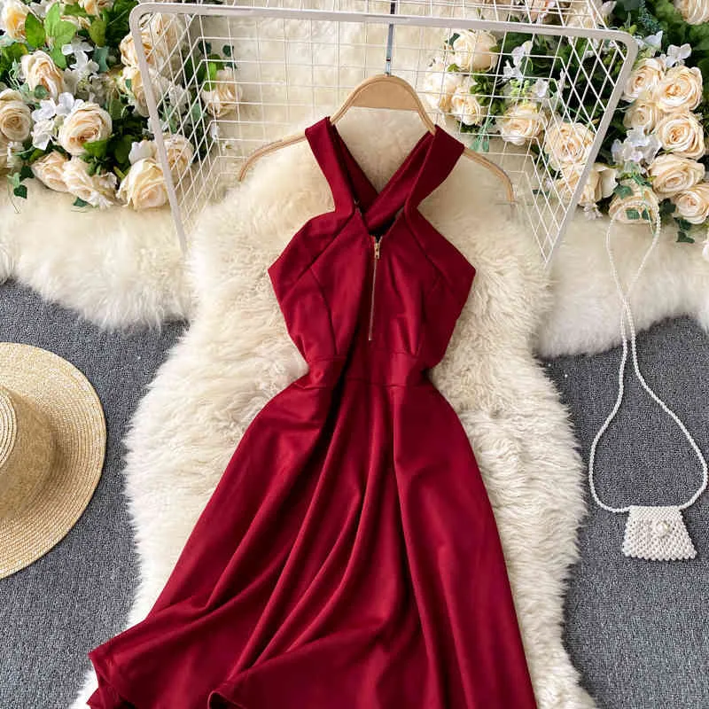 Singreiny Mulheres Sólida Sling Dress Vermelho Sexy Backless Sem Mangas Uma Linha Vestido Coreano Casual Férias V Pescoço Slim Curto Vestido 210419