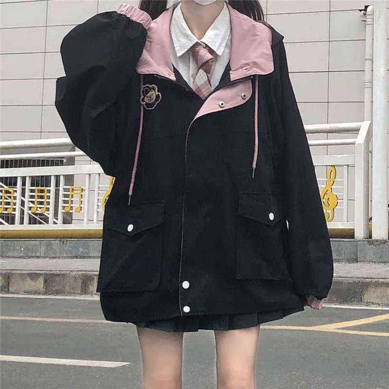 Japanese kawaii Zipper pink woman jacket Korean color matching winter clothes Loose cute female tops coat manteau femme 211126