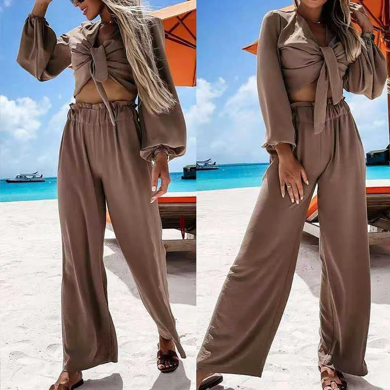 2021 Casual Loose Beach Costume Élégant Tie-Up Tops et Lady Pantalon Taille Haute Tenues Femmes Mode Solide Manches Longues Deux Pièces Ensemble Y0625