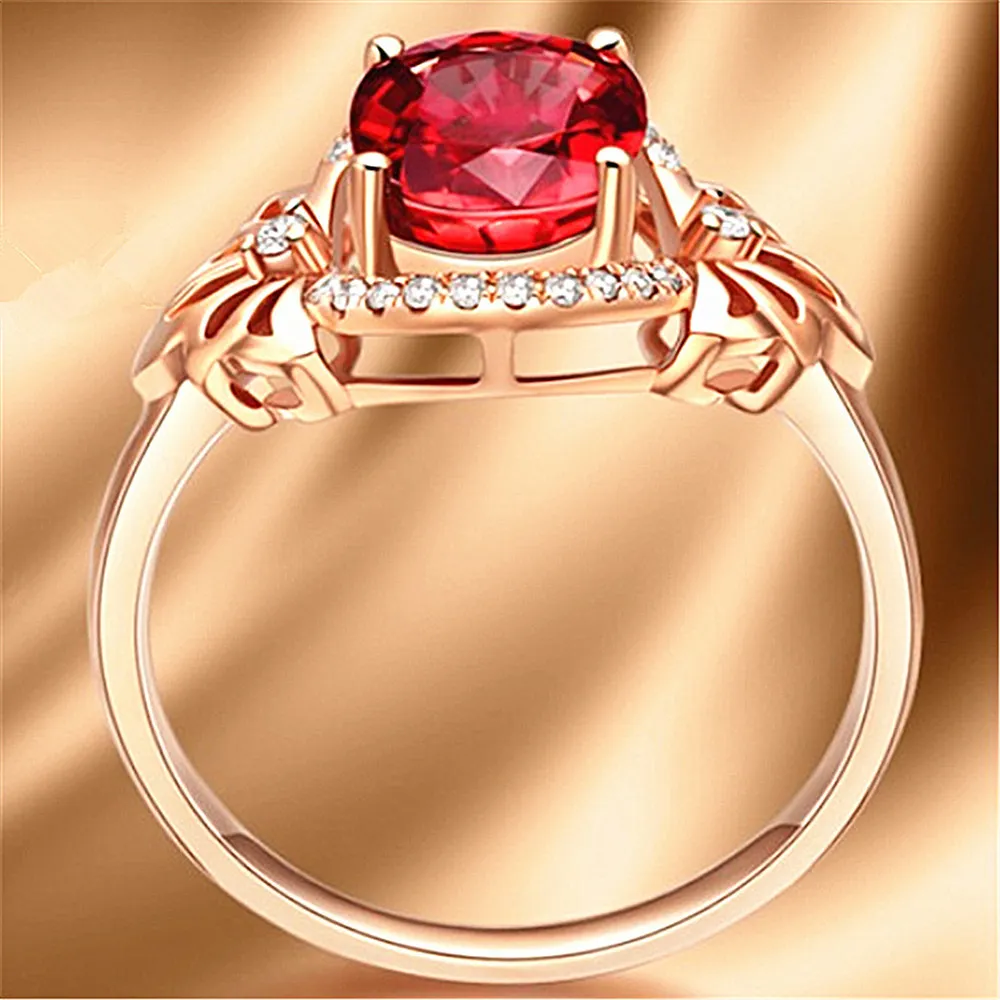 Fiore di moda 3 pietre preziose di rubino di cristallo rosso diamanti anelli le donne gioielli color oro rosa bague bijoux regali feste