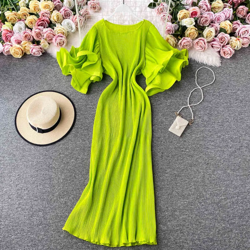 NEPLOE Korean Pleated Women Dress Flare Kortärmad O-Neck Causal Dresses Sommar Mode A-Line Vestidos de Fiesta 4c893 210331