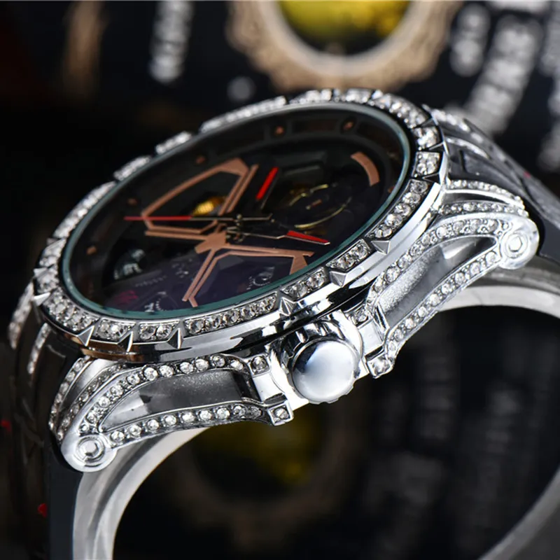 メンズウォッチメカニカル自動ムーブメントウォッチクリアバック高品質のアイスアウトケースダイヤモンド腕時計ラバーストラップ防水307g