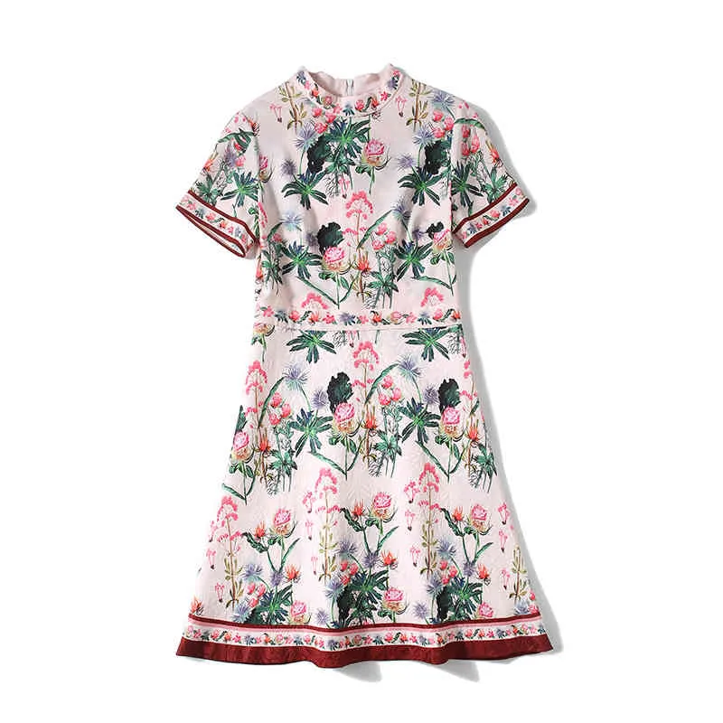 Verano rosa dulce mujer soporte manga flor impresión elegante vestidos cortos femenino cintura delgada vestido de pista 210416