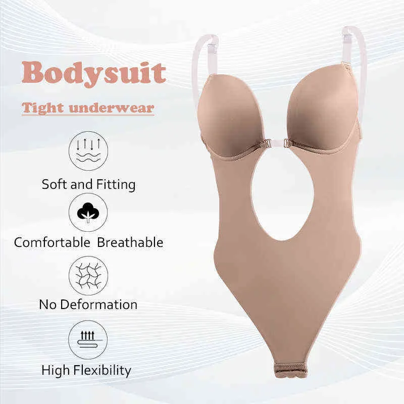 Bodysuit Shapewear 깊은 V 넥 바디 셰이퍼 백리스 u 플 런지 끈 셰이퍼 허리 트레이너 여성 명확한 스트랩 패딩 푸시 업 코르셋 220125