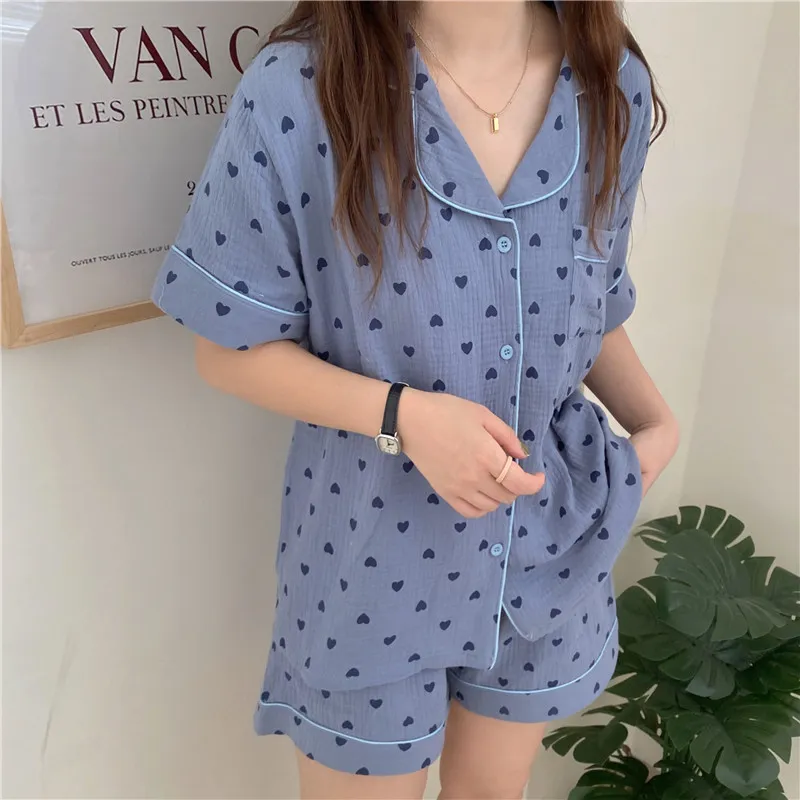 Verão Curto Todos os Pijamas Pijamas Doce Nightwear Impressão Chic Casual Homewear Loose Algodão Dois Peça Conjuntos De Terno 210525