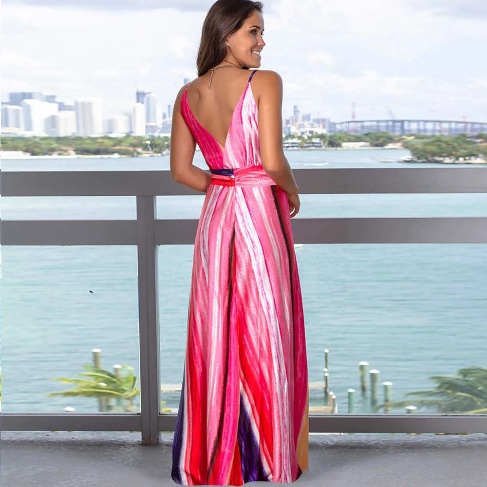 Sommer Neues Ärmelloses Slip-Kleid Damen V-Kragen-Kleid Blumendruck Sommerkleid Kleid V-Ausschnitt Undichte Rückseite Strandrock Q0713