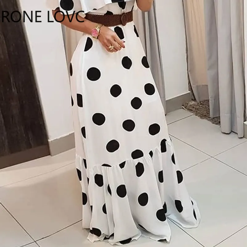 Женская плеча Polkadot Print ruffles Maxi платье элегантное мода шикарное вечеринка платье X0521