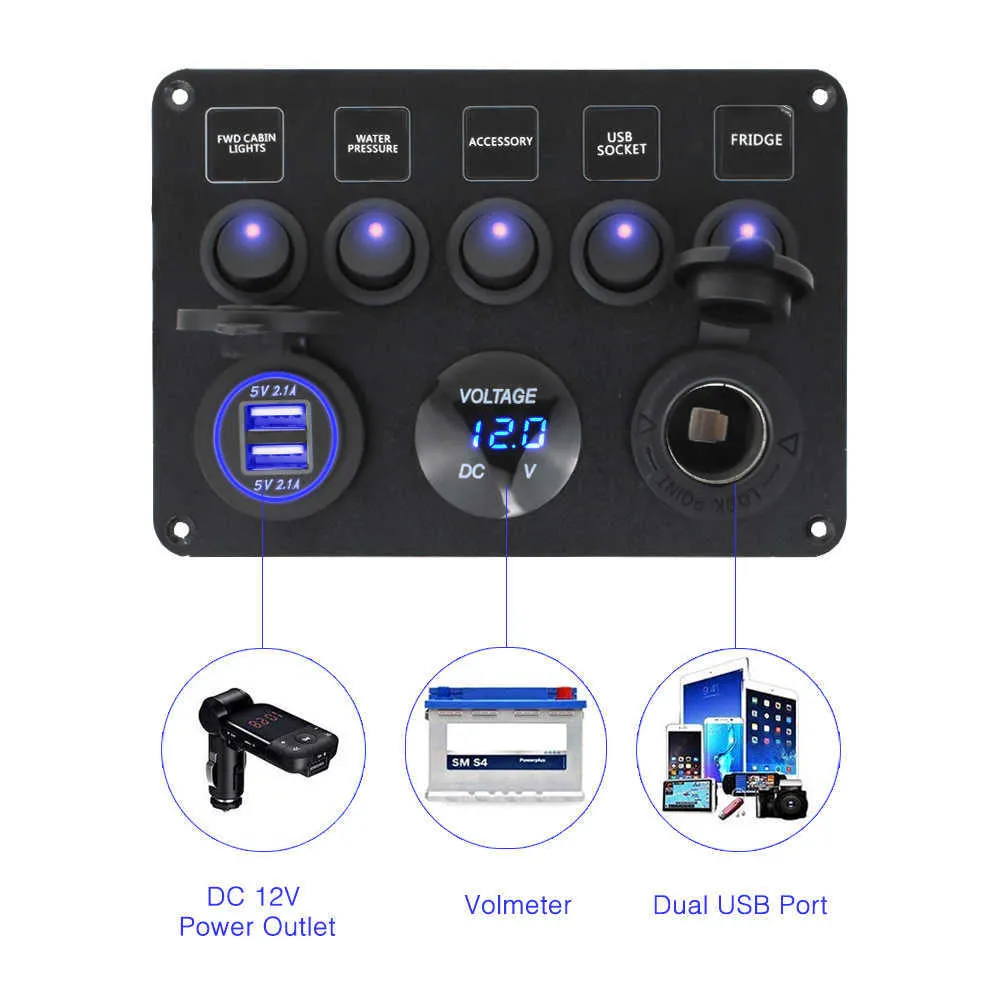5 Gang 12V Auto Marine Boot LED Rocker Switch Panel Wasserdichte Schaltung Digital Voltmeter Dual USB Port Ladegerät Adapter