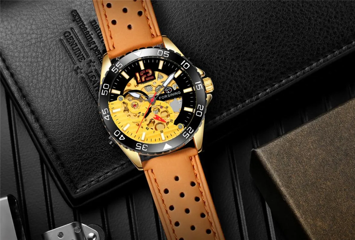 Mannen Mode Toevallige Hublo Horloge Automatische Mechanische Reloj Hombre Top Lederen Horloges Forsining Watches193I